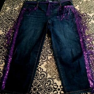 Women's Dark Blue Jeans with Purple Fringe Trim